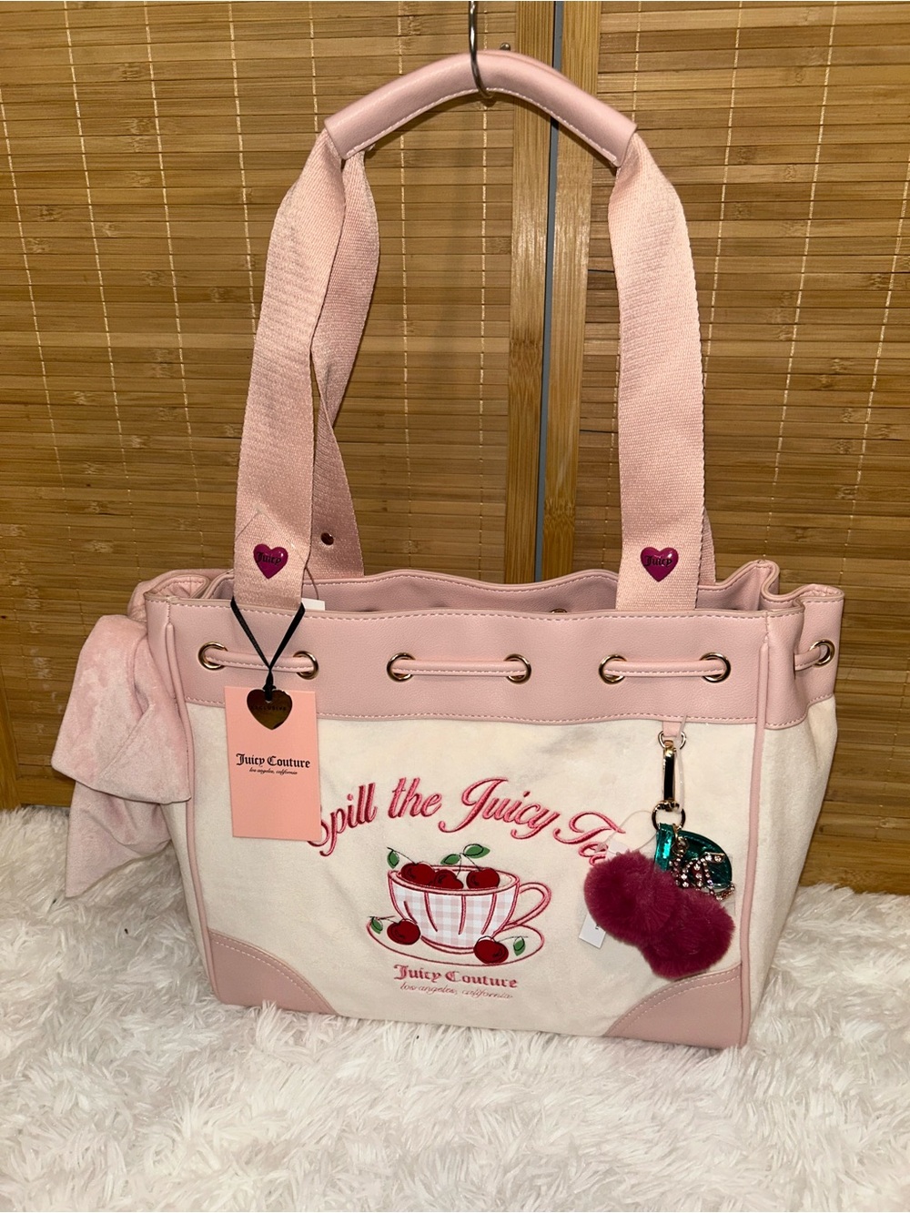 Juicy Couture Sweet Tea Party Daydreamer tote bag soft white velour handbag Y2K